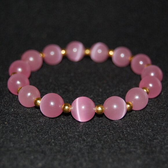 Pink Cat Eye Bracelet,Pink Bracelet,10mm Pink Cat Beaded Bracelet,Special,Lovely - Picture 4 of 4